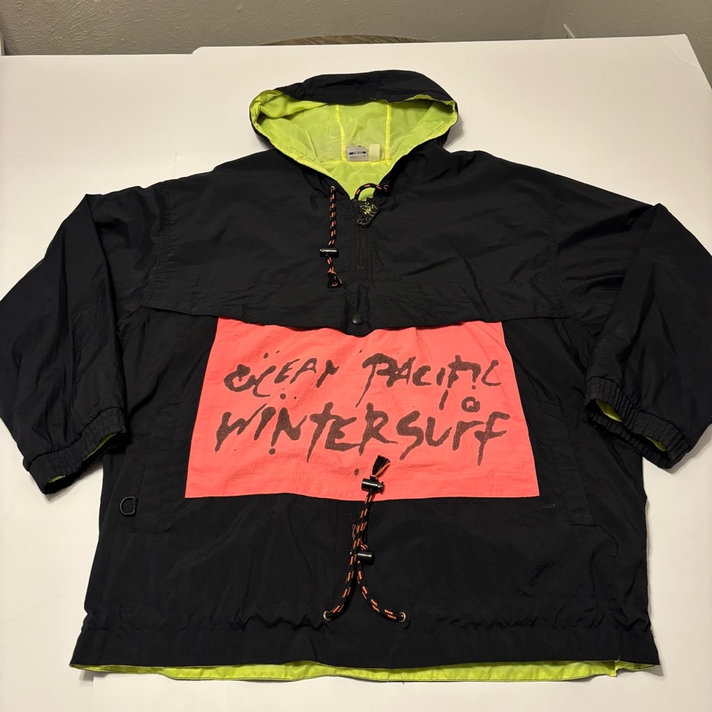 Vintage 1980s Ocean Pacific OP Black Neon Winter Surf Windbreaker Jacket Large